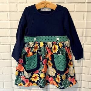 Toddler Girls 2T (S) Okie & Lou Blue Green Floral Pumpkins Harvest Dress